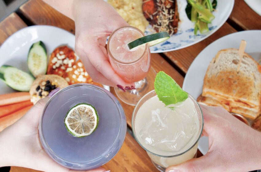 people toasting drinks over plates of food